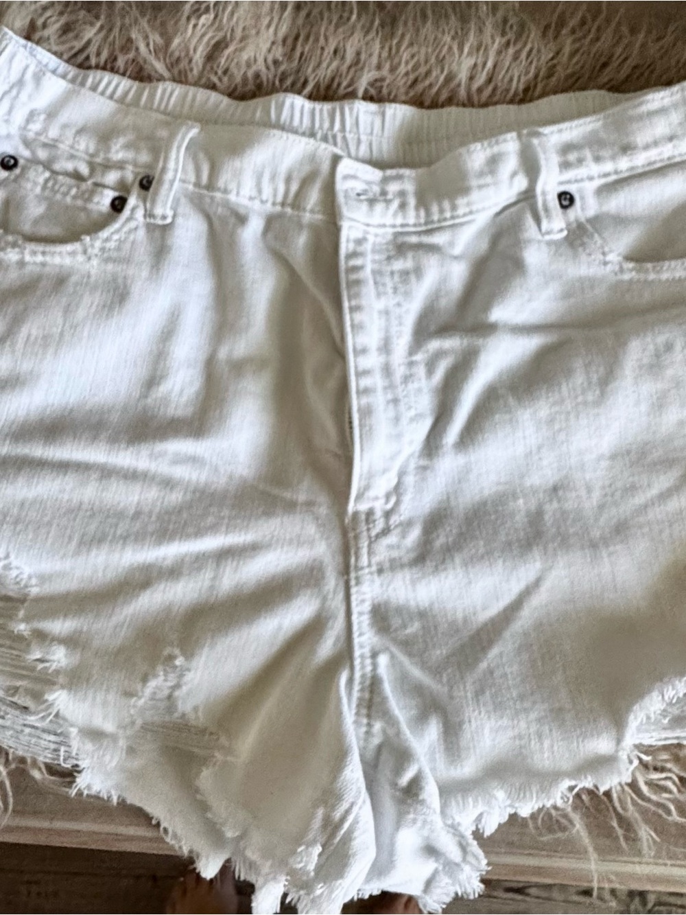 aerie White High-Rise Distressed Denim Shorts